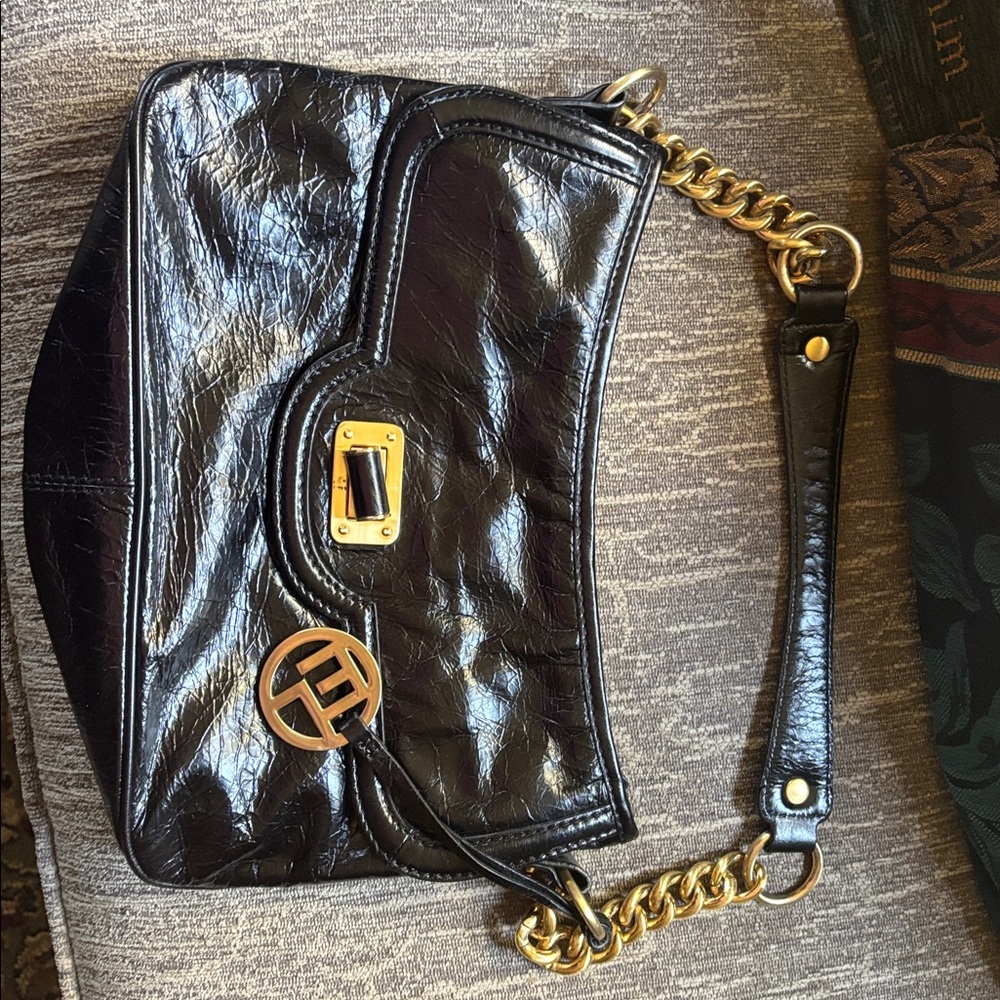 Elliott Lucca Black Leather Bag with Gold Accents